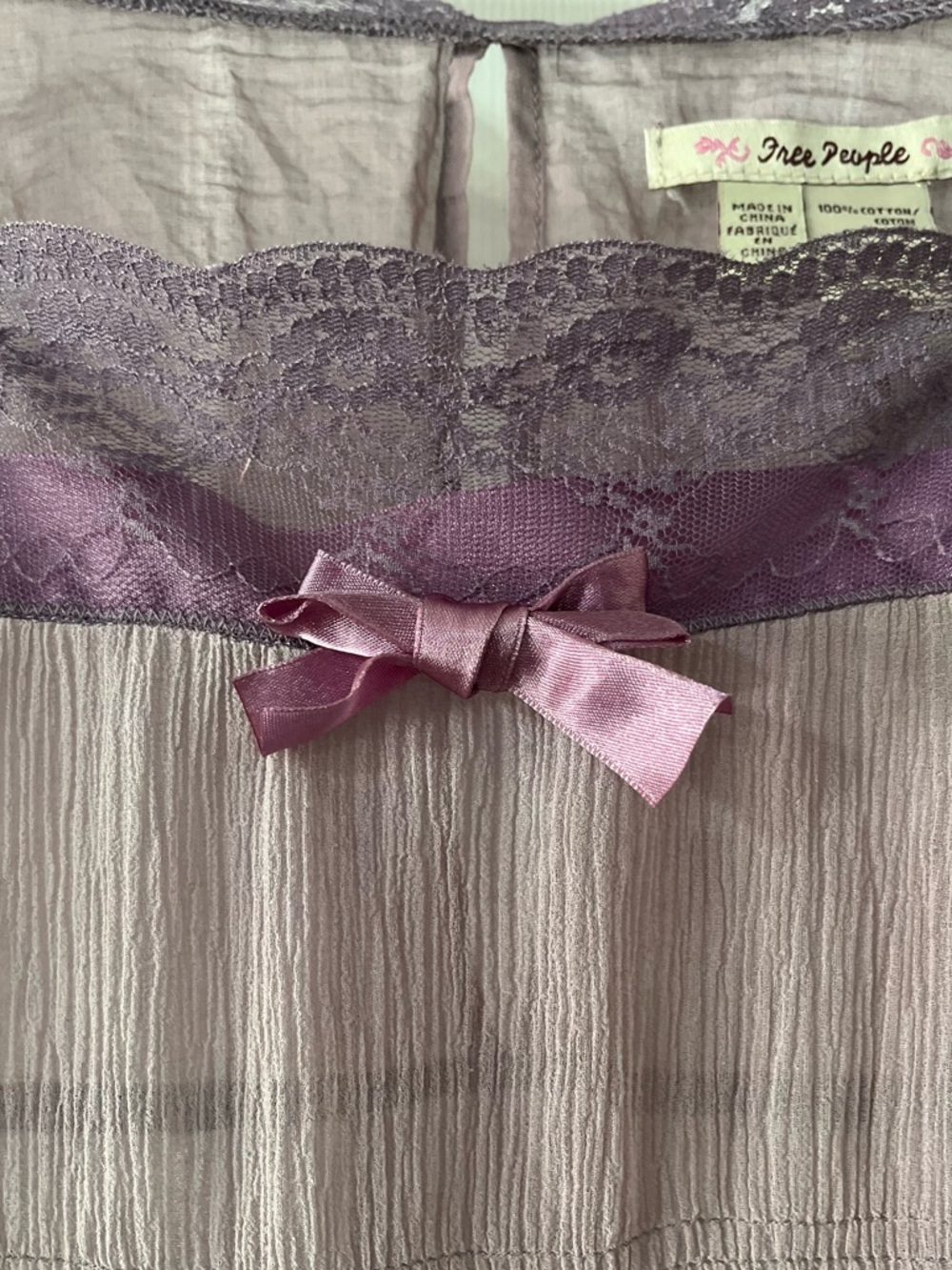 Free People sheer mauve lace-trim tank with satin bow